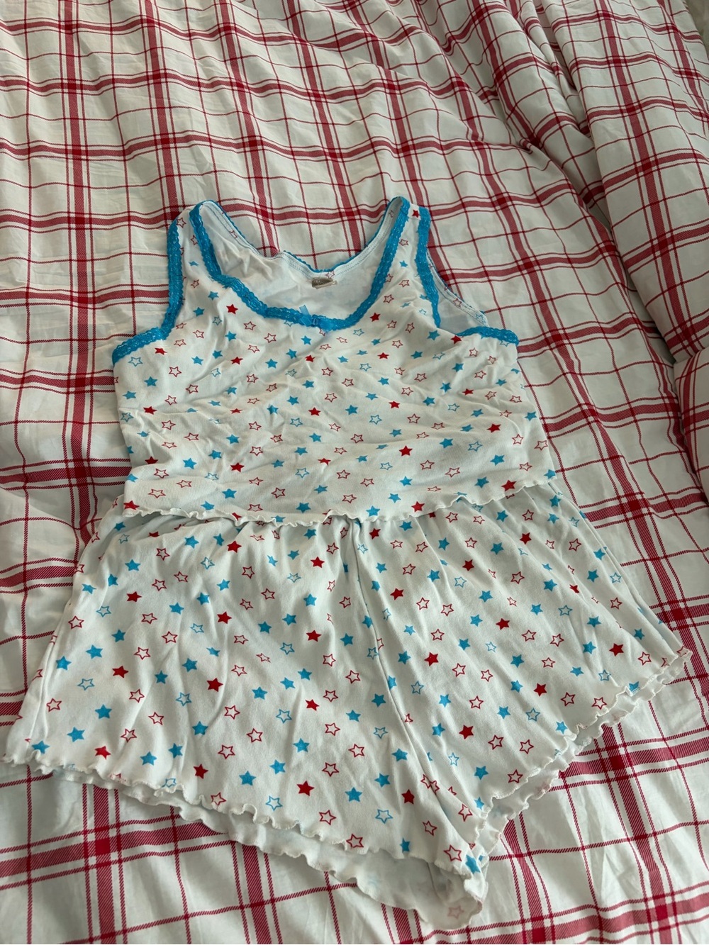 Women's White Star Print Pajama Romper with Blue Trim